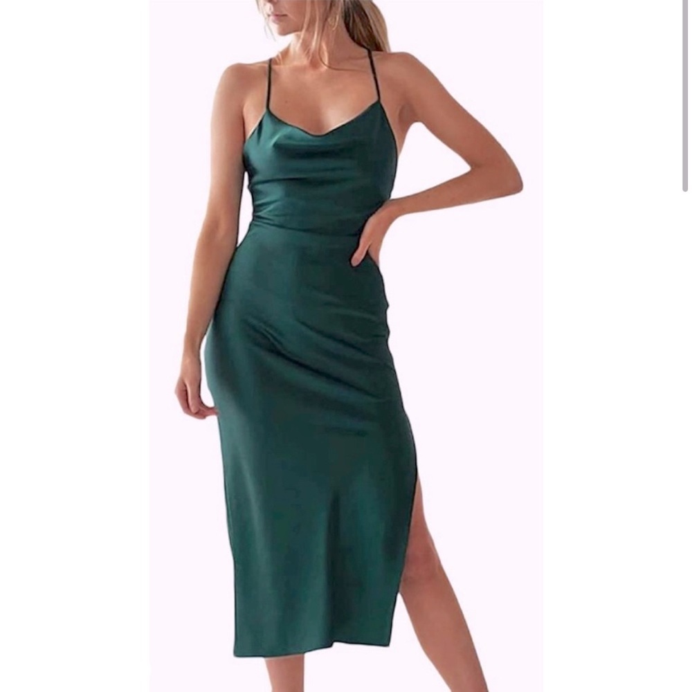 Sleeveless Spaghetti Strap Satin Cowl Neck Midi Dress